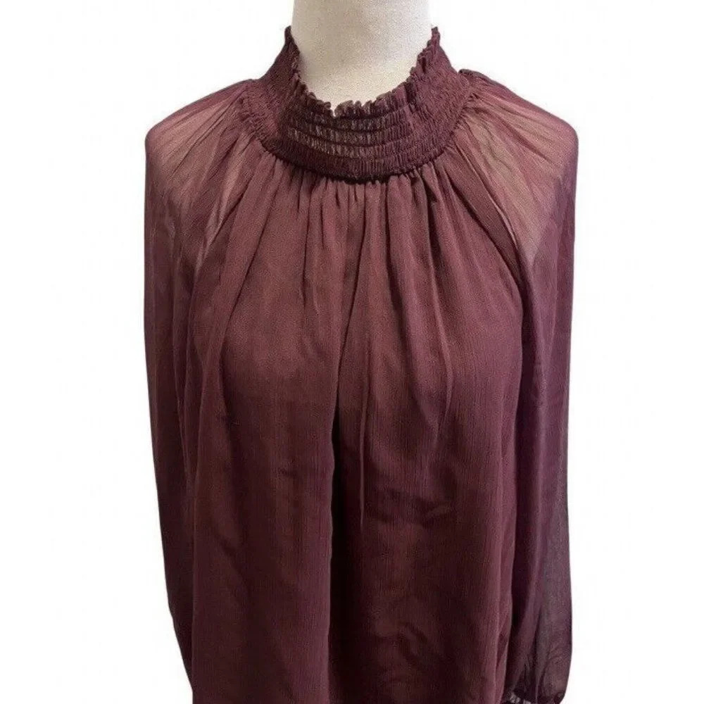 Joie Designer Womens Long Sleeved Smock Top Blouse Large Burgundy Polyester - Picture 7 of 13